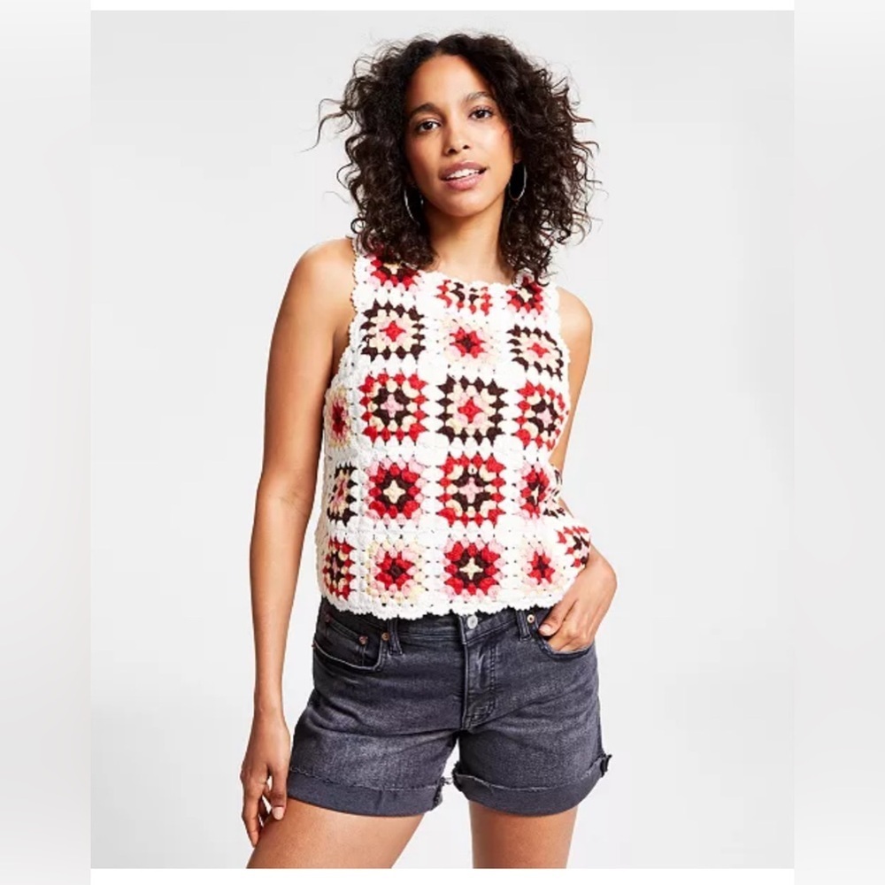 Lucky Brand Women's Cotton Granny Square Crochet Vest, XS Multicolor Sweater​​